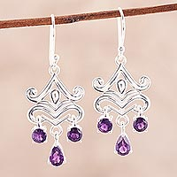Amethyst chandelier earrings, 'Glimmering Dance' - 2-Carat Amethyst Chandelier Earrings from India