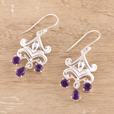Amethyst chandelier earrings, 'Glimmering Dance' - 2-Carat Amethyst Chandelier Earrings from India