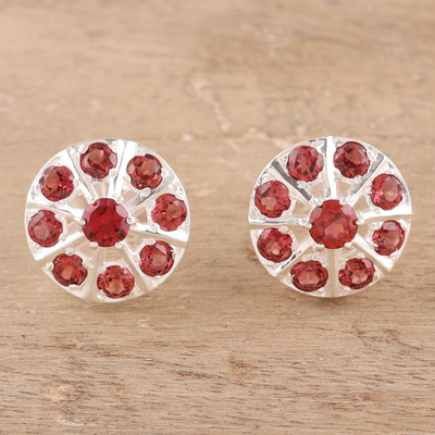 Garnet button earrings, 'Glittering Radiance' - 2-Carat Garnet Button Earrings from India