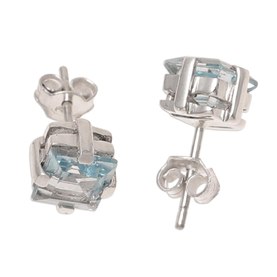 Blue topaz stud earrings, 'India Charm' - Sparkling Blue Topaz Stud Earrings from India