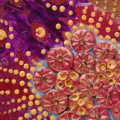 'Floral Beauty' - Multicolored Mixed Media Abstract Painting from India