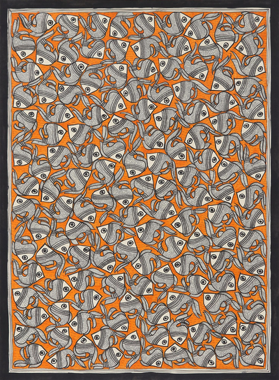 Madhubani Fish Painting in Orange from India (20.5x29)