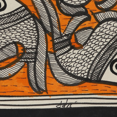 Madhubani painting, 'Fish Harmony' (20.5x29) - Madhubani Fish Painting in Orange from India (20.5x29)