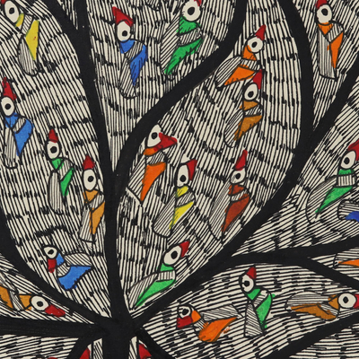 Madhubani-Gemälde, „Lebensbaum mit Vögeln“. - Buntes Madhubani-Gemälde mit Vogelmotiven aus Indien