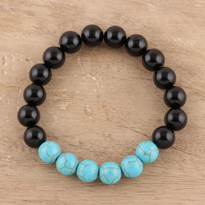 Onyx and reconstituted turquoise beaded stretch bracelet, 'Gleaming Union' - Onyx and Reconstituted Turquoise Beaded Stretch Bracelet