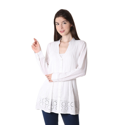 Blusa de algodón - Blusa de algodón con estampado de ojales en blanco de la India