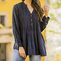 Rayon pintuck blouse, 'India Breeze' - Blue Rayon Pintucked Blouse from India