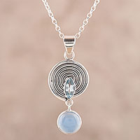 Blue topaz and chalcedony pendant necklace, 'Wonderful Spiral'