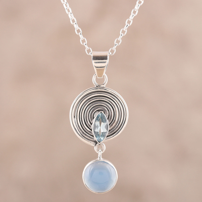 Blue topaz and chalcedony pendant necklace, 'Wonderful Spiral' - Blue Topaz and Chalcedony Pendant Necklace from India