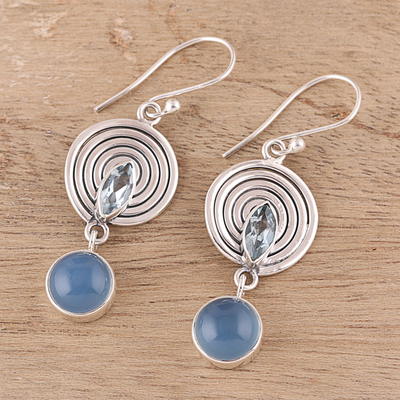 Blue topaz and chalcedony dangle earrings, 'Wonderful Spiral' - Blue Topaz and Chalcedony Dangle Earrings from India
