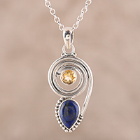 Lapis lazuli and citrine pendant necklace, 'Wondrous Coil' - Lapis Lazuli and Citrine Pendant Necklace from India