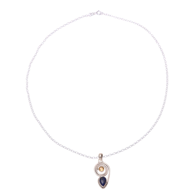 Lapis lazuli and citrine pendant necklace, 'Wondrous Coil' - Lapis Lazuli and Citrine Pendant Necklace from India