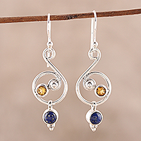 Lapis lazuli and citrine dangle earrings, 'Swirling Royal' - Lapis Lazuli and Citrine Earrings Crafted in India