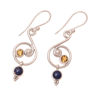 Lapis lazuli and citrine dangle earrings, 'Swirling Royal' - Lapis Lazuli and Citrine Earrings Crafted in India