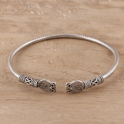 Sterling silver cuff bracelet, 'Owl Hoot' - Sterling Silver Owl Cuff Bracelet from India