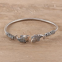 Sterling silver cuff bracelet, 'Fish Story' - Sterling Silver Fish Cuff Bracelet from India