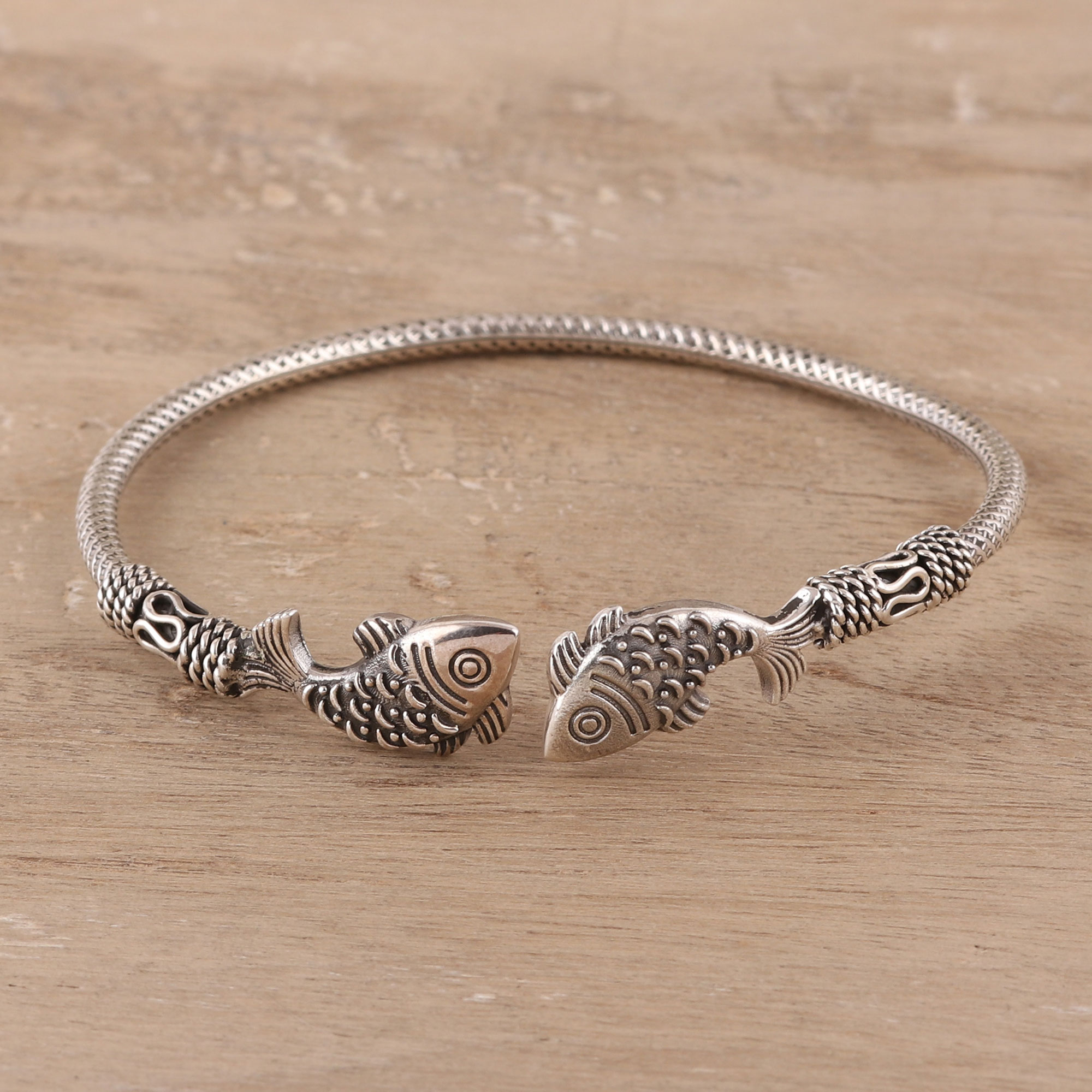 Sterling Silver Fish Cuff Bracelet from India - Fish Story