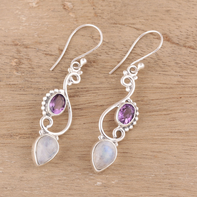Rainbow moonstone and amethyst dangle earrings, 'Mystical Swirl' - Swirl Motif Rainbow Moonstone and Amethyst Dangle Earrings