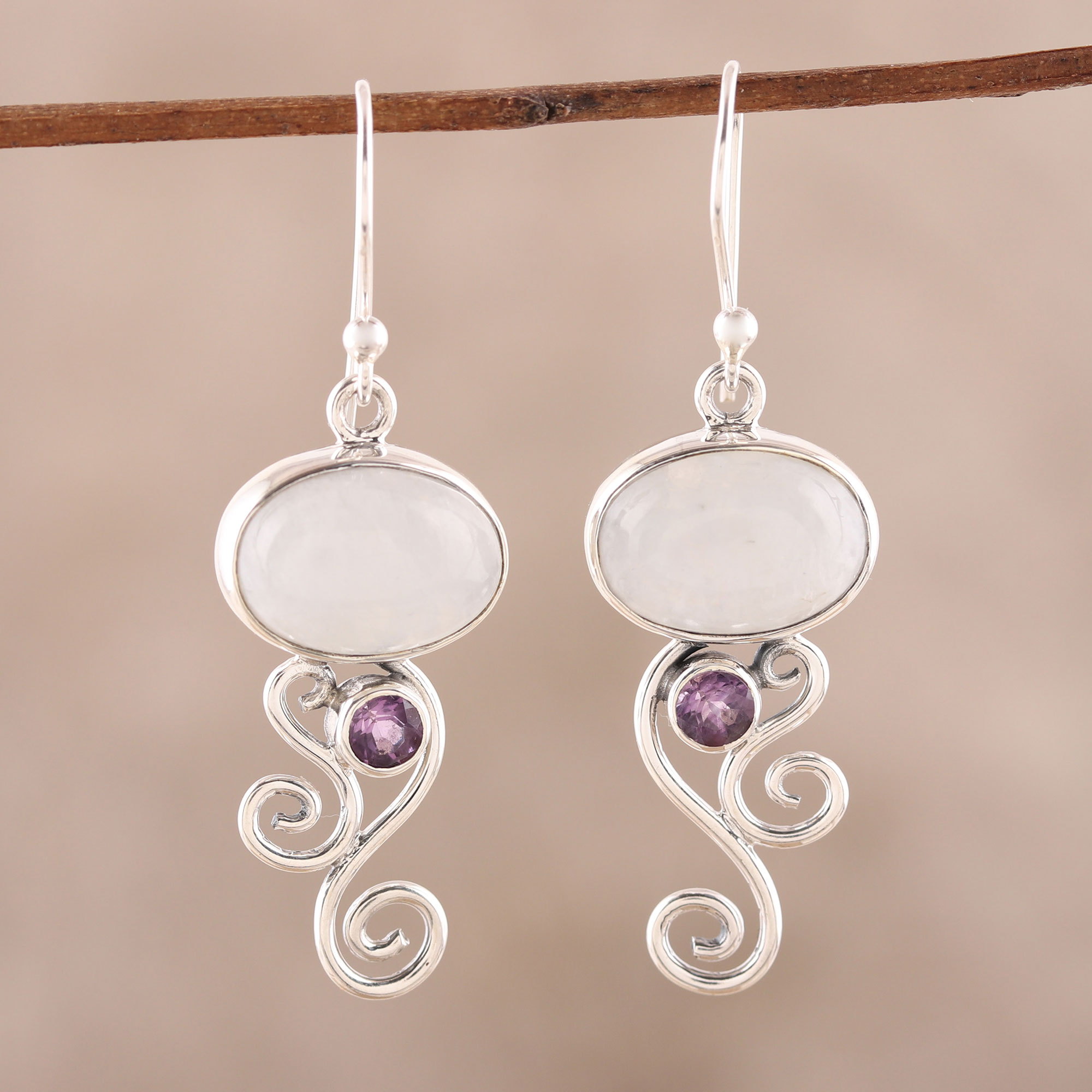 Rainbow Moonstone and Amethyst Earrings from India - Oval Tendrils