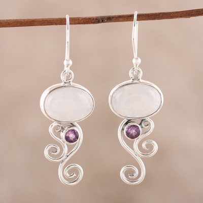 Rainbow moonstone and amethyst dangle earrings, 'Oval Tendrils' - Rainbow Moonstone and Amethyst Earrings from India