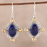 Pendientes colgantes de lapislázuli y citrino, 'Royal Frame' - Pendientes colgantes de lapislázuli y citrino de la India