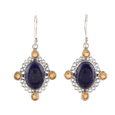Lapis Lazuli and Citrine Dangle Earrings from India