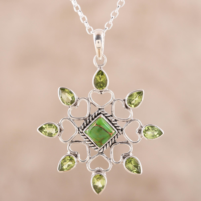 Peridot pendant necklace, 'Verdant Glitter' - Peridot and Composite Turquoise Pendant Necklace from India