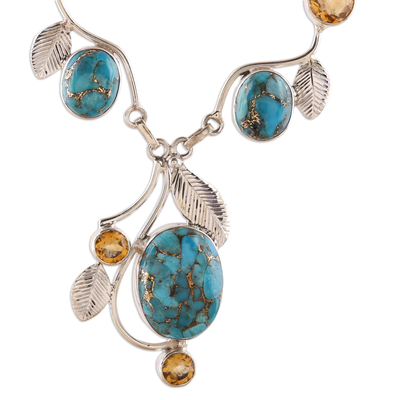 Citrine pendant necklace, 'Dew Blossom' - Citrine and Composite Turquoise Link Pendant Necklace