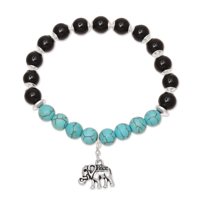 Onyx and composite turquoise beaded stretch bracelet, 'Harmonious Beauty' - Onyx and Composite Turquoise Elephant Bracelet from India