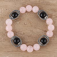 Rose quartz and onyx beaded stretch bracelet, 'Gemstone Glee'