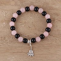 Rose quartz and onyx beaded stretch bracelet,