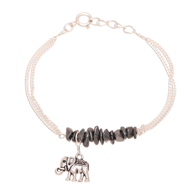 Sterling silver and howlite bracelet, 'Dangling Elephant' - Sterling Silver and Hematite Elephant Bracelet from India