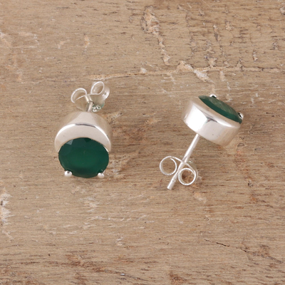 Onyx stud earrings, 'Beneath the Moon' - Sparkling Green Onyx Stud Earrings from India