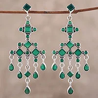 Onyx chandelier earrings, 'Gemstone Fountain' - Green Onyx Chandelier Earrings from India