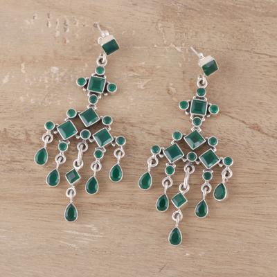 Onyx chandelier earrings, 'Gemstone Fountain' - Green Onyx Chandelier Earrings from India