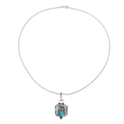 Halskette mit Anhänger aus Sterlingsilber und zusammengesetztem Türkis - Halskette aus Sterlingsilber und rechteckigem Verbundtürkis