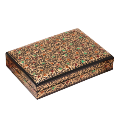 Papier mache decorative box, 'Golden Glory' - Gold-Tone Leaf Motif Papier Mache Decorative Box from India