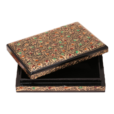 Dekorative Schachtel aus Pappmaché, 'Golden Glory'. - Goldfarbene Blattmotiv-Papiermache-Dekorschachtel aus Indien