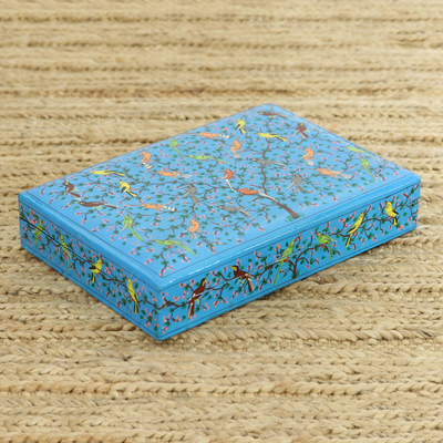 Papier mache decorative box, 'Birds of Kashmir' - Hand-Painted Bird Motif Papier Mache Decorative Box