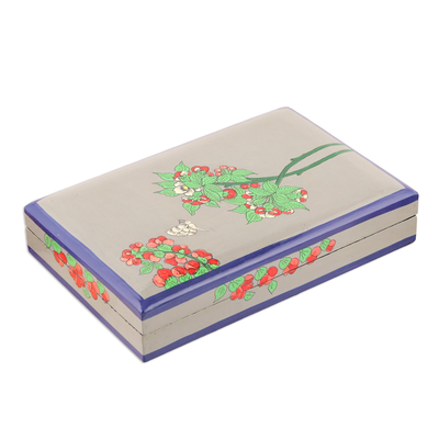 Papier mache decorative box, 'Cherry Delight' - Hand-Painted Floral Papier Mache Decorative Box from India