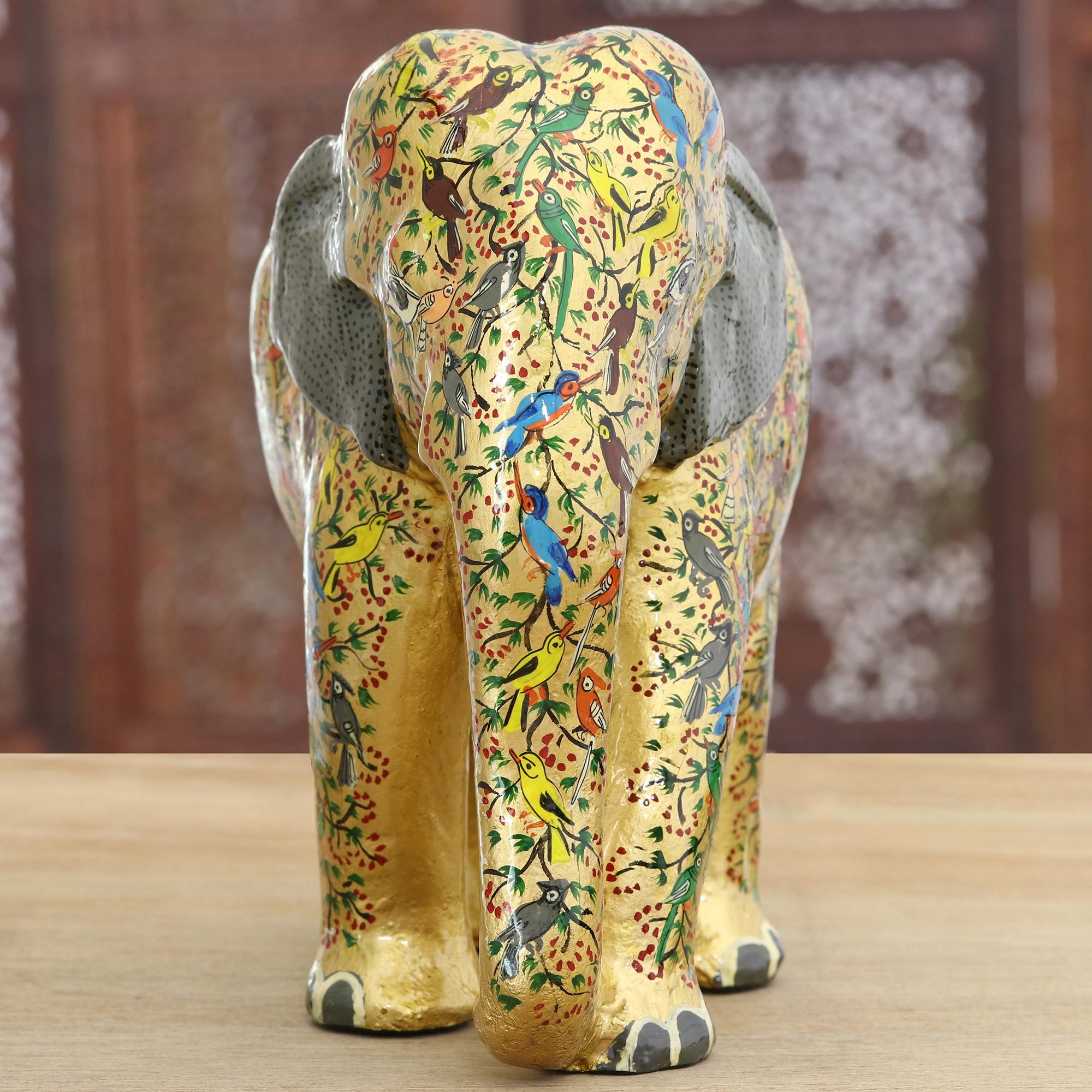 HandPainted Papier Mache Elephant Sculpture from India Golden