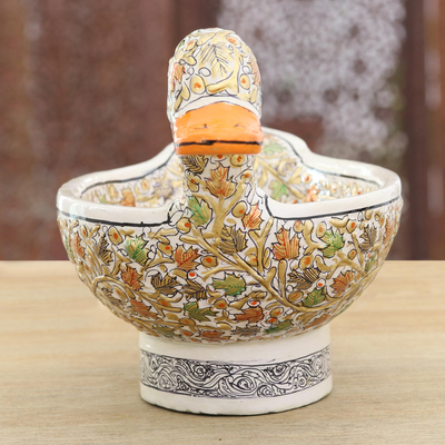 Dekorative Schale aus Pappmaché, 'Blattente in Weiß'. - Papiermache-Blattmotiv Ente Dekorative Schale aus Indien