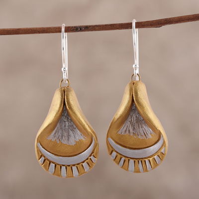 Ceramic dangle earrings, 'Pearly Petals' - Gold and Silver Toned Petal Dangle Earrings from India