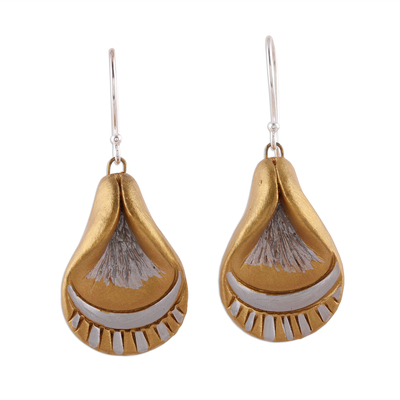 Ceramic dangle earrings, 'Pearly Petals' - Gold and Silver Toned Petal Dangle Earrings from India