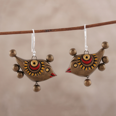 Ceramic dangle earrings, 'Morning Birds' - Artisan Crafted Ceramic Morning Bird Dangle Earrings