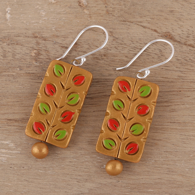 Ceramic dangle earrings, 'Colorful Branches' - Hand Painted Ceramic Dangle Earrings with Leaf Motifs