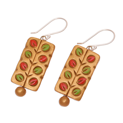 Ceramic dangle earrings, 'Colorful Branches' - Hand Painted Ceramic Dangle Earrings with Leaf Motifs
