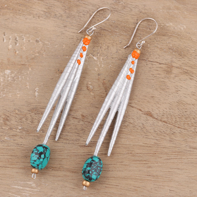 Recycled paper and dolomite dangle earrings, 'Gleaming Spikes' - Recycled Paper and Dolomite Dangle Earrings from India