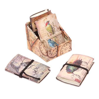 Mini-Tagebücher aus Papier, (4er-Set) - Papiertagebücher mit Vogelmotiv aus Indien (4er-Set)