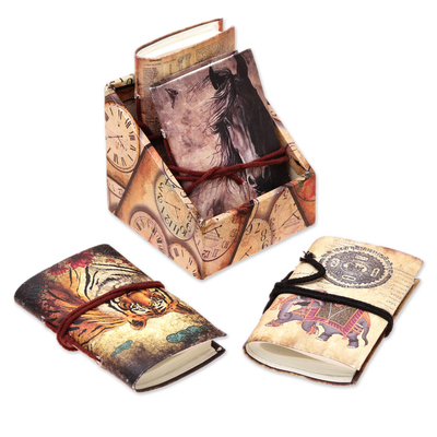 Paper journals, 'Timeless Animals' (set of 4) - Animal-Themed Cotton Journals from India (Set of 4)